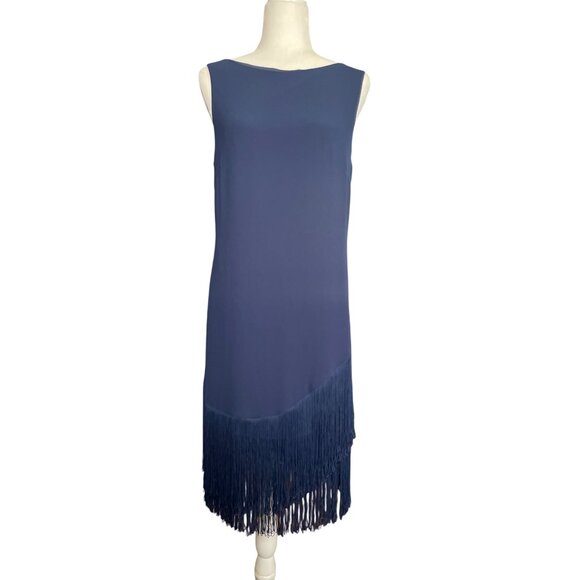 Trina Turk Alena Ink Blue Fringe Hem Sleeveless Cocktail Party Dress Size 8 - Picture 10 of 10